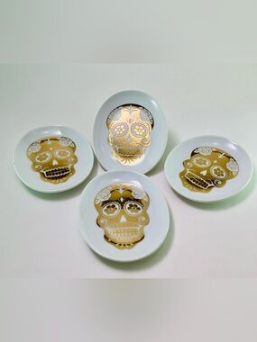 Set - 4 Paper Source Trinket Plates White Gold Skull Day Of The Dead Halloween